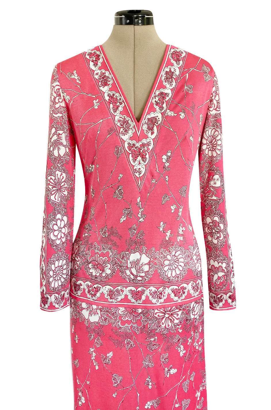 1970s Emilio Pucci Deep Pink Printed Silk Jersey Dress W High Snapped Slit Side Opening Skirt