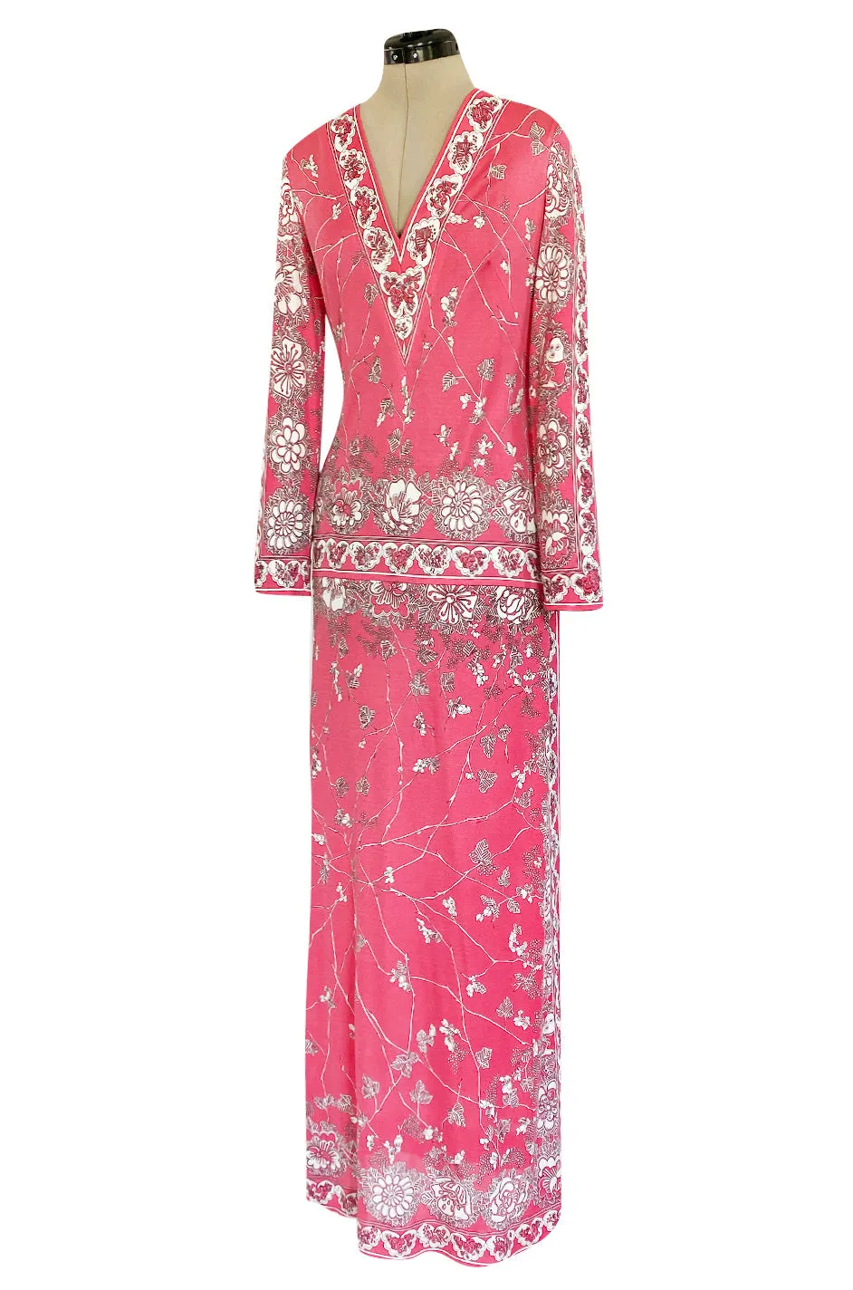 1970s Emilio Pucci Deep Pink Printed Silk Jersey Dress W High Snapped Slit Side Opening Skirt