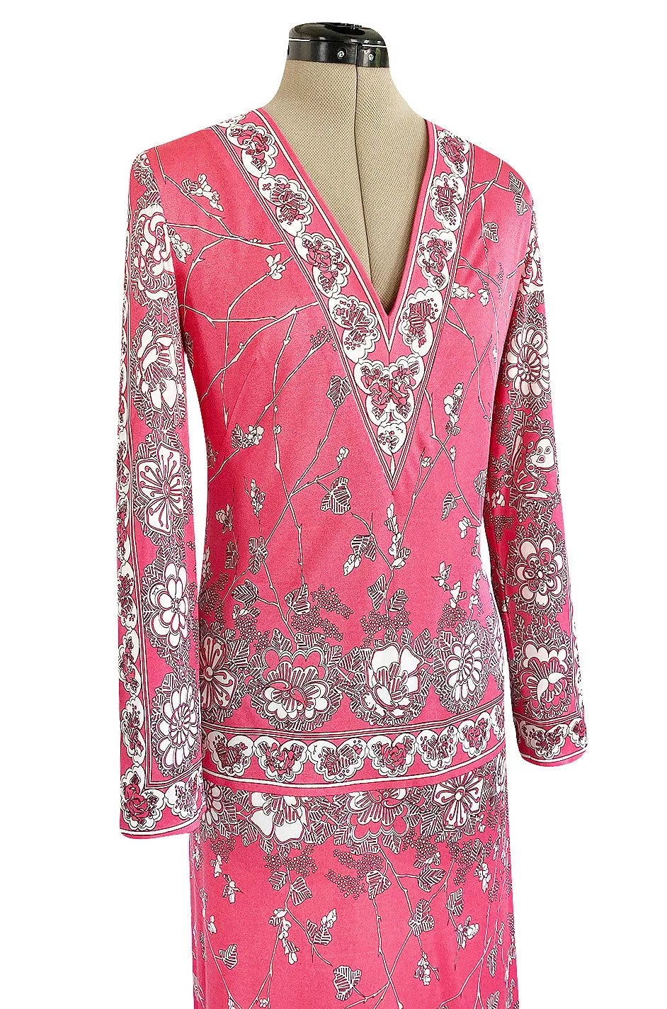 1970s Emilio Pucci Deep Pink Printed Silk Jersey Dress W High Snapped Slit Side Opening Skirt