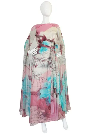 1970s Hanae Mori Couture Silk Chiffon Scenic Floral Dress