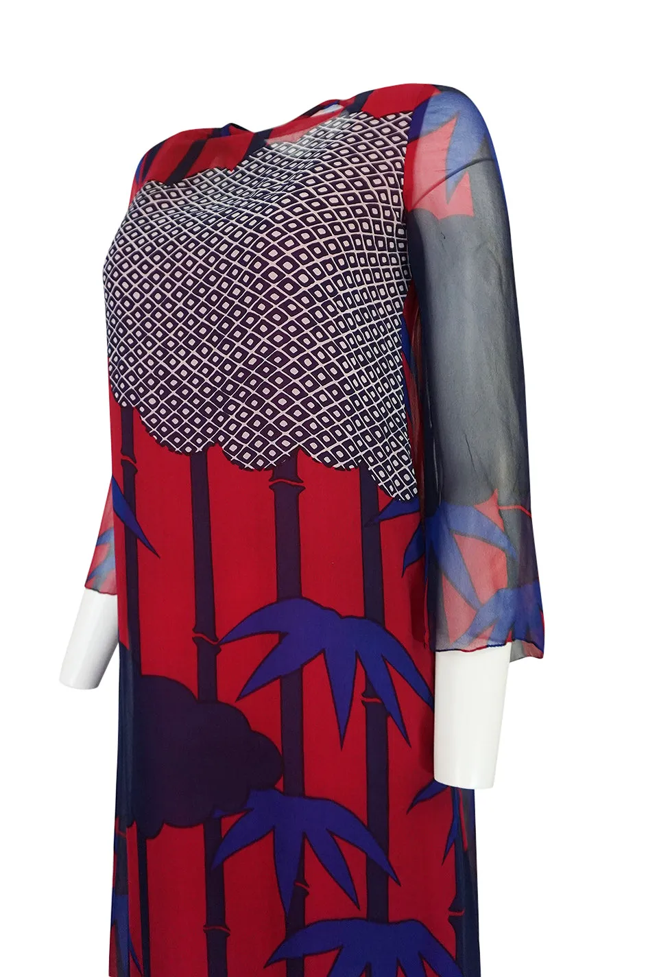 1970s Hanae Mori Silk Chiffon Beautifully Printed Caftan Dress
