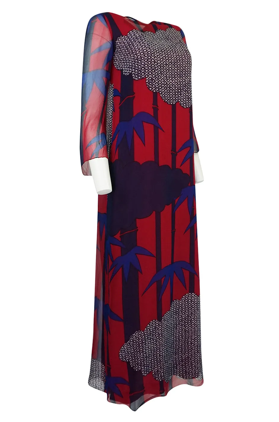 1970s Hanae Mori Silk Chiffon Beautifully Printed Caftan Dress