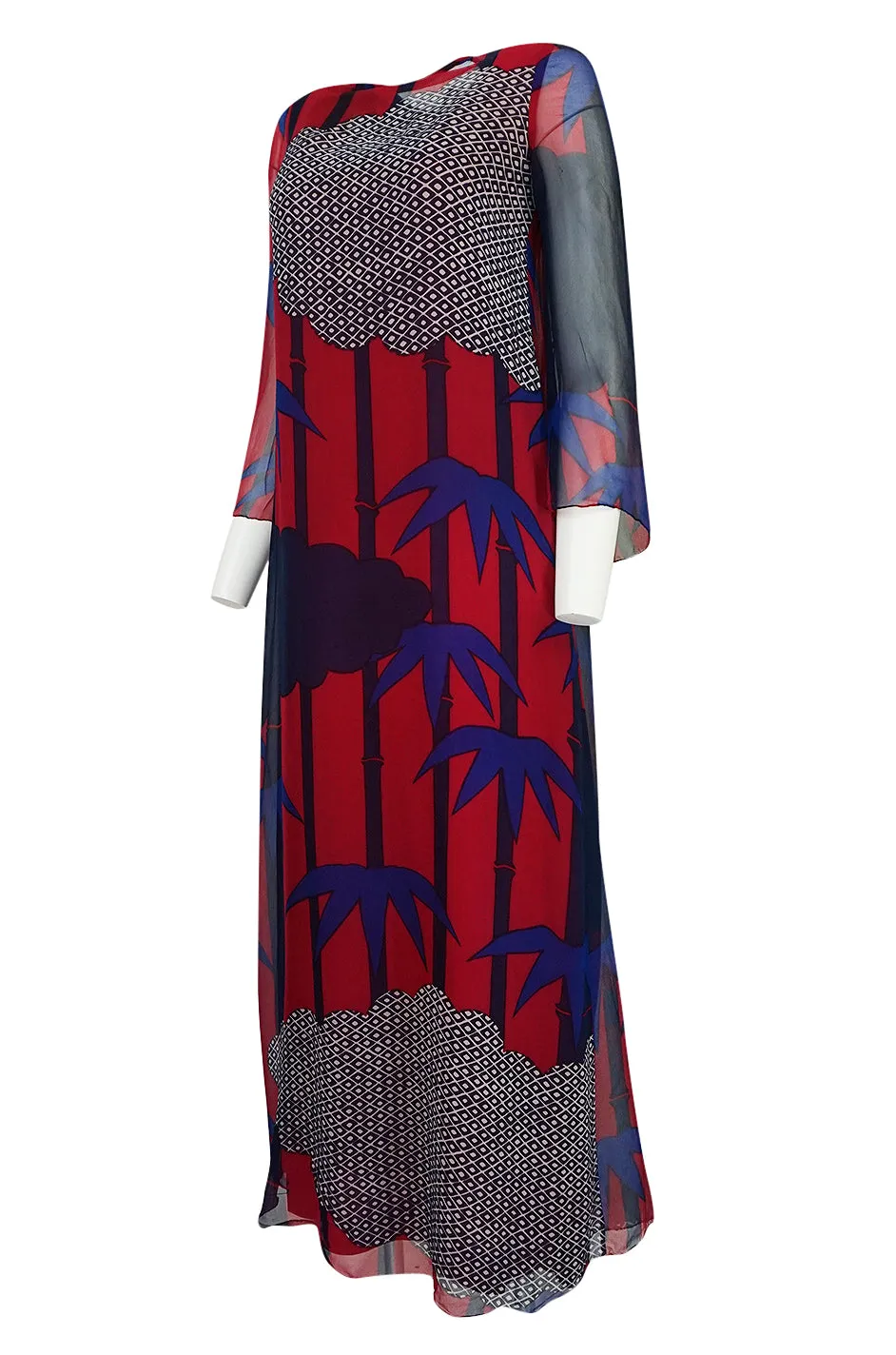 1970s Hanae Mori Silk Chiffon Beautifully Printed Caftan Dress