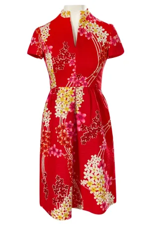 1970s Malcolm Starr Cherry Red Floral Print Dress w Rhinestone Detailing