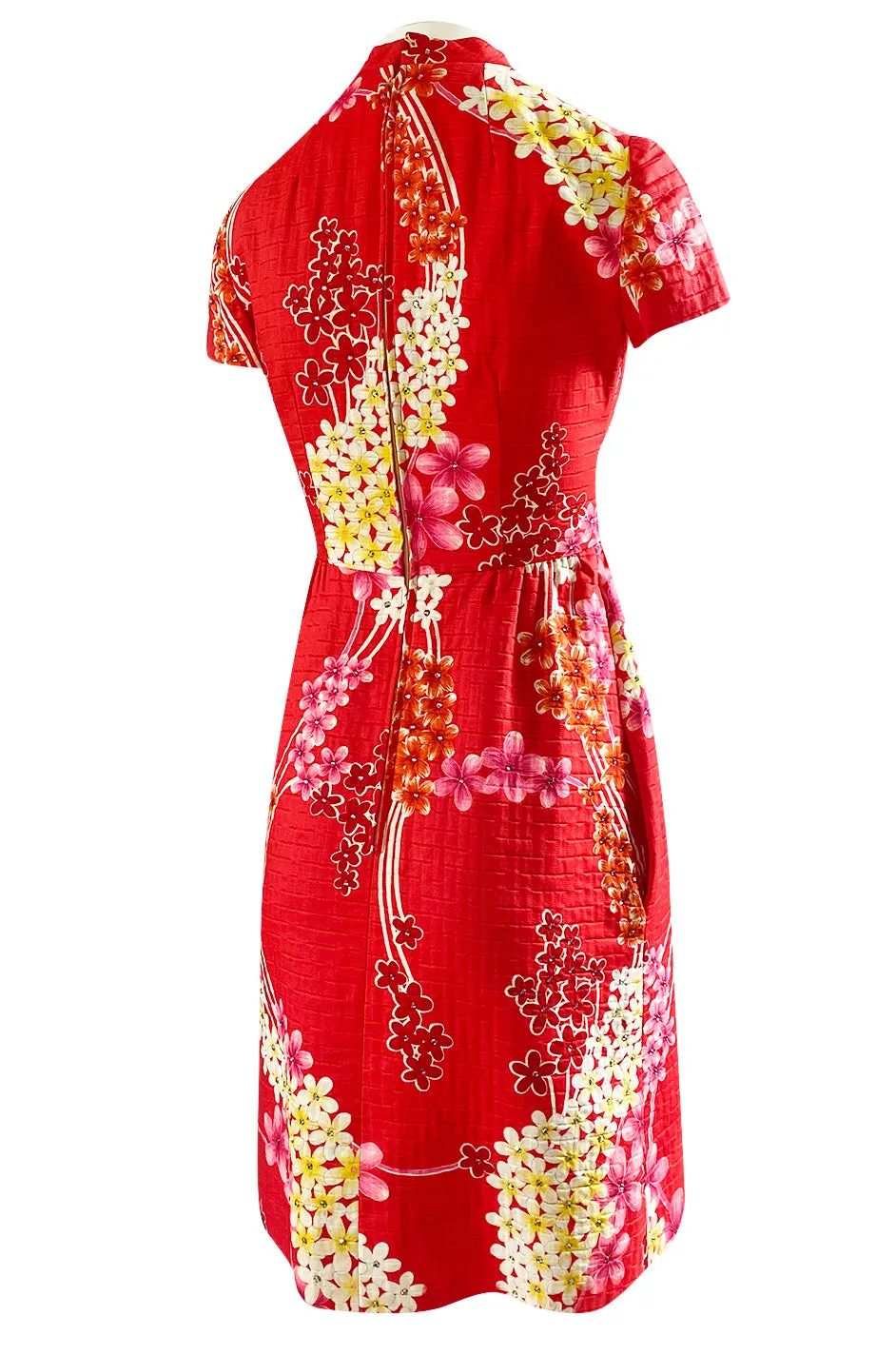 1970s Malcolm Starr Cherry Red Floral Print Dress w Rhinestone Detailing