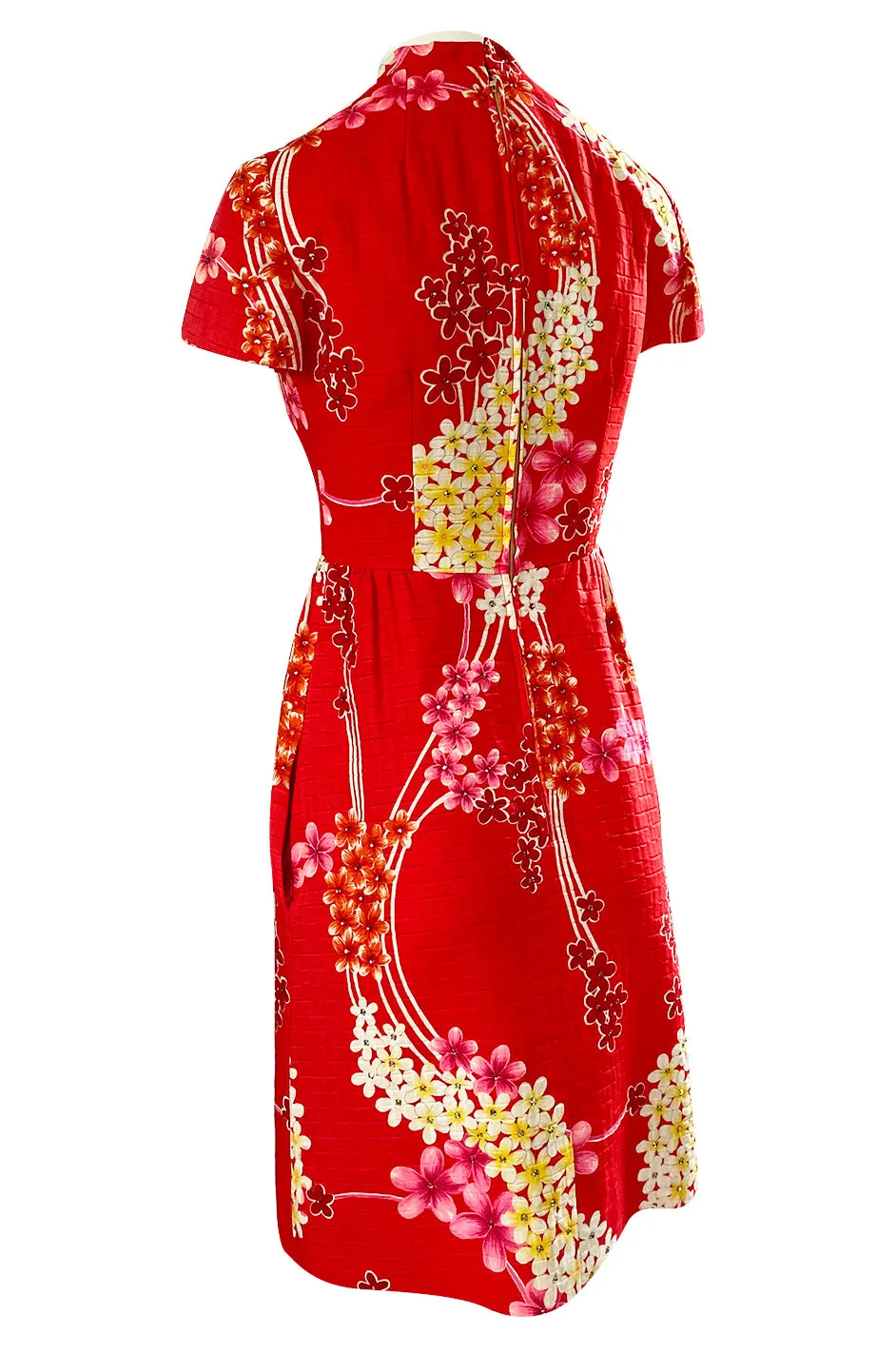 1970s Malcolm Starr Cherry Red Floral Print Dress w Rhinestone Detailing