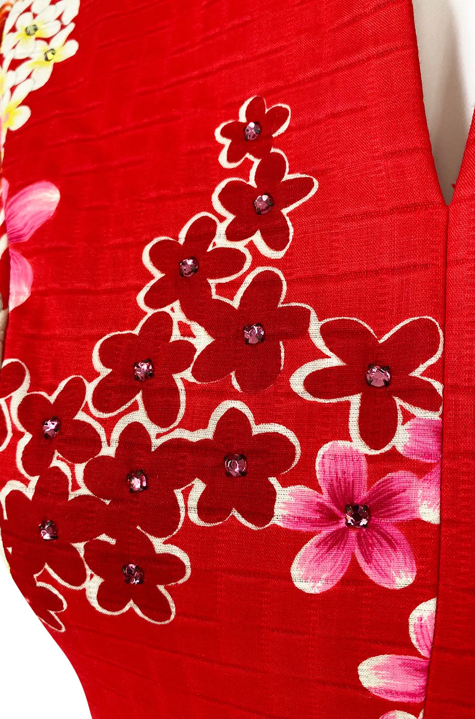 1970s Malcolm Starr Cherry Red Floral Print Dress w Rhinestone Detailing