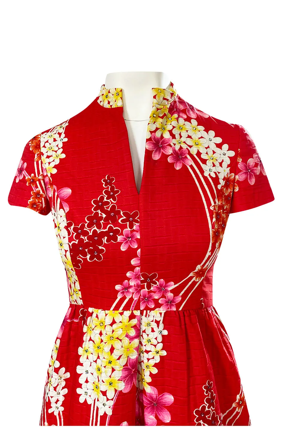 1970s Malcolm Starr Cherry Red Floral Print Dress w Rhinestone Detailing