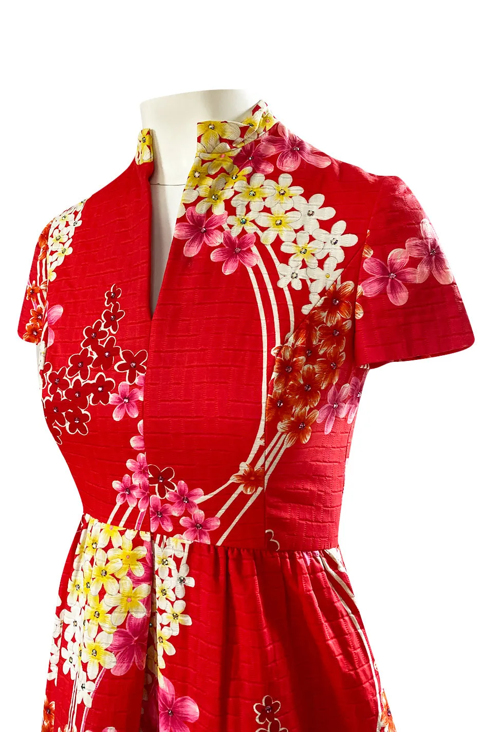 1970s Malcolm Starr Cherry Red Floral Print Dress w Rhinestone Detailing