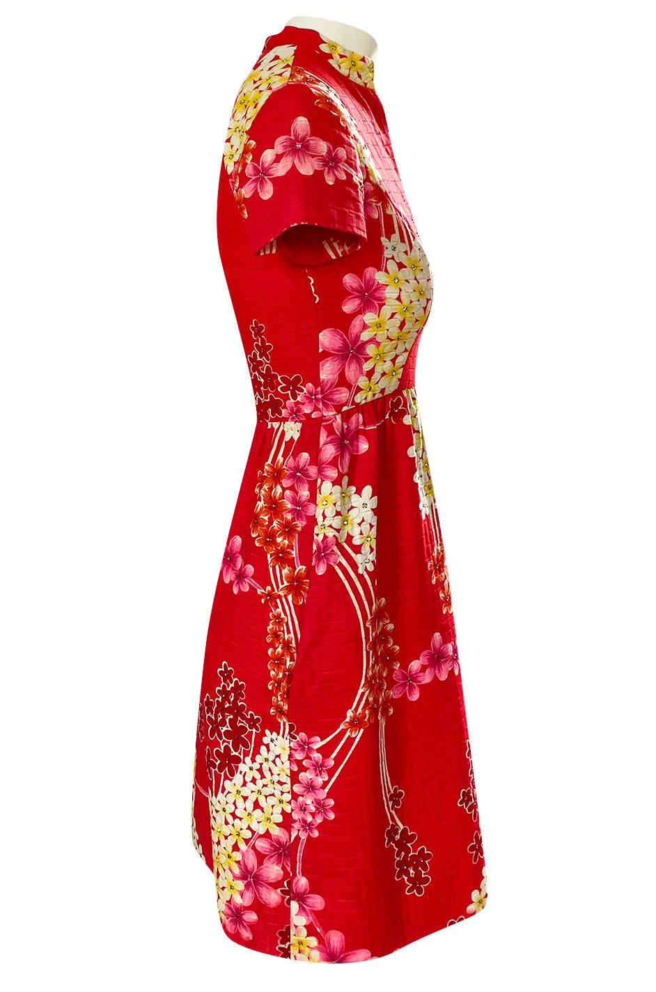 1970s Malcolm Starr Cherry Red Floral Print Dress w Rhinestone Detailing