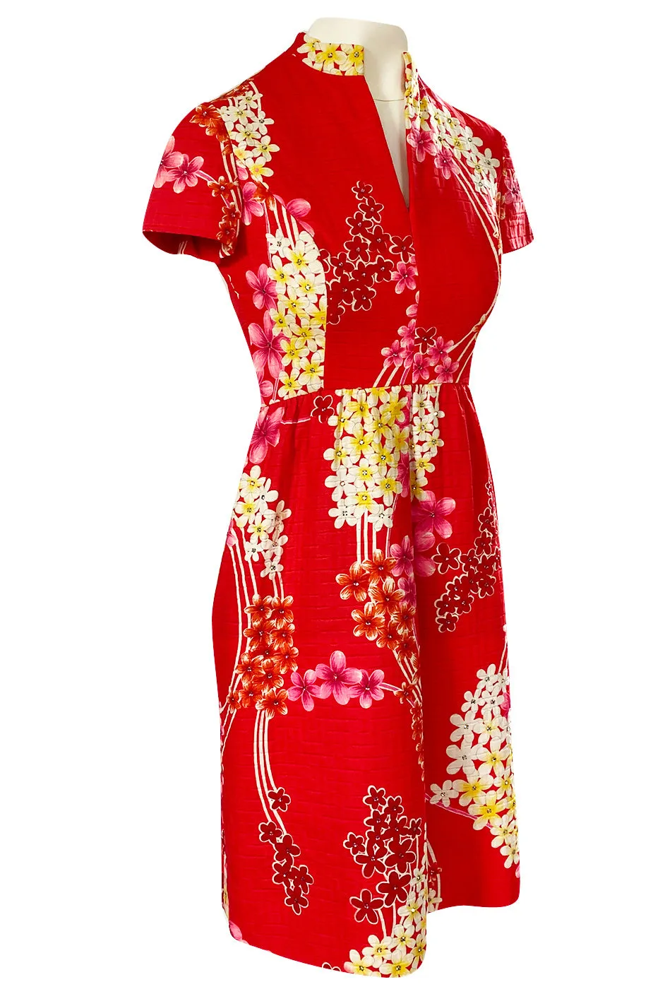 1970s Malcolm Starr Cherry Red Floral Print Dress w Rhinestone Detailing