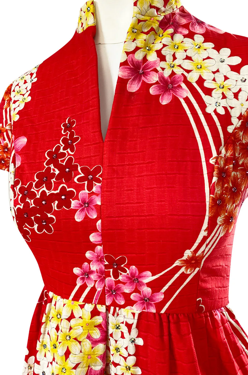 1970s Malcolm Starr Cherry Red Floral Print Dress w Rhinestone Detailing