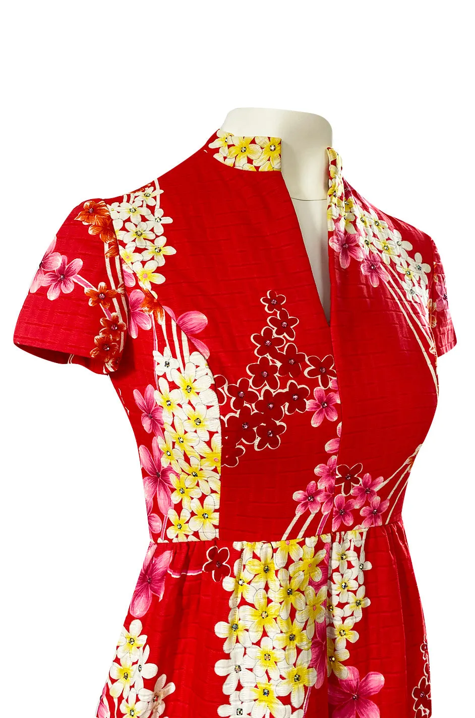 1970s Malcolm Starr Cherry Red Floral Print Dress w Rhinestone Detailing