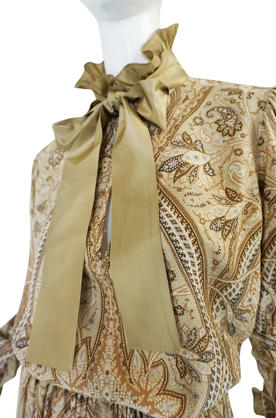 1970s Print Yves Saint Laurent Silk Trim Skirt & Top Set