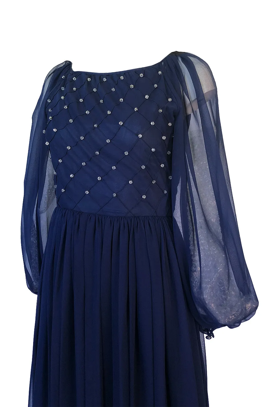1970s Roberto Capucci Deep Blue Chiffon Dress w Beaded & Pintuck Bodice