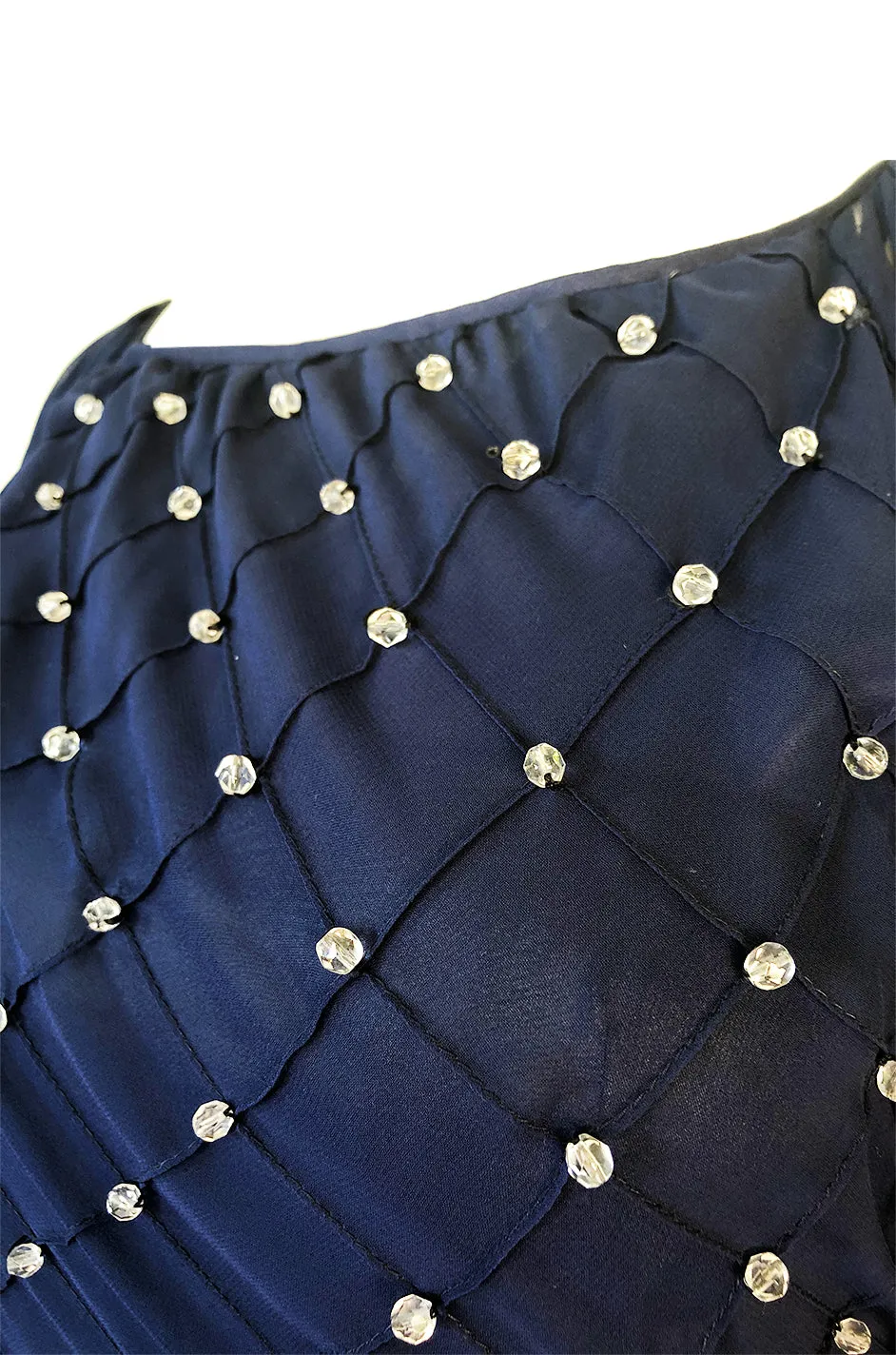 1970s Roberto Capucci Deep Blue Chiffon Dress w Beaded & Pintuck Bodice