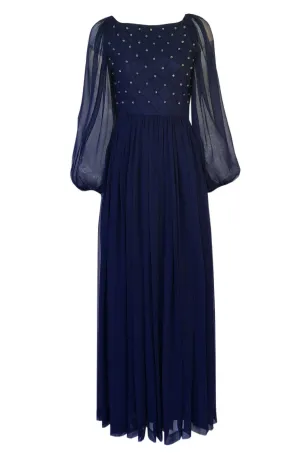 1970s Roberto Capucci Deep Blue Chiffon Dress w Beaded & Pintuck Bodice
