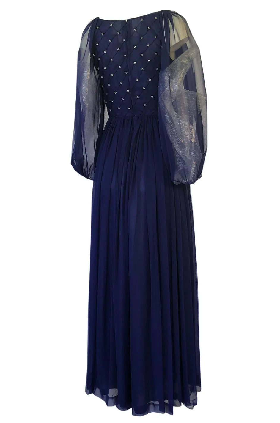 1970s Roberto Capucci Deep Blue Chiffon Dress w Beaded & Pintuck Bodice