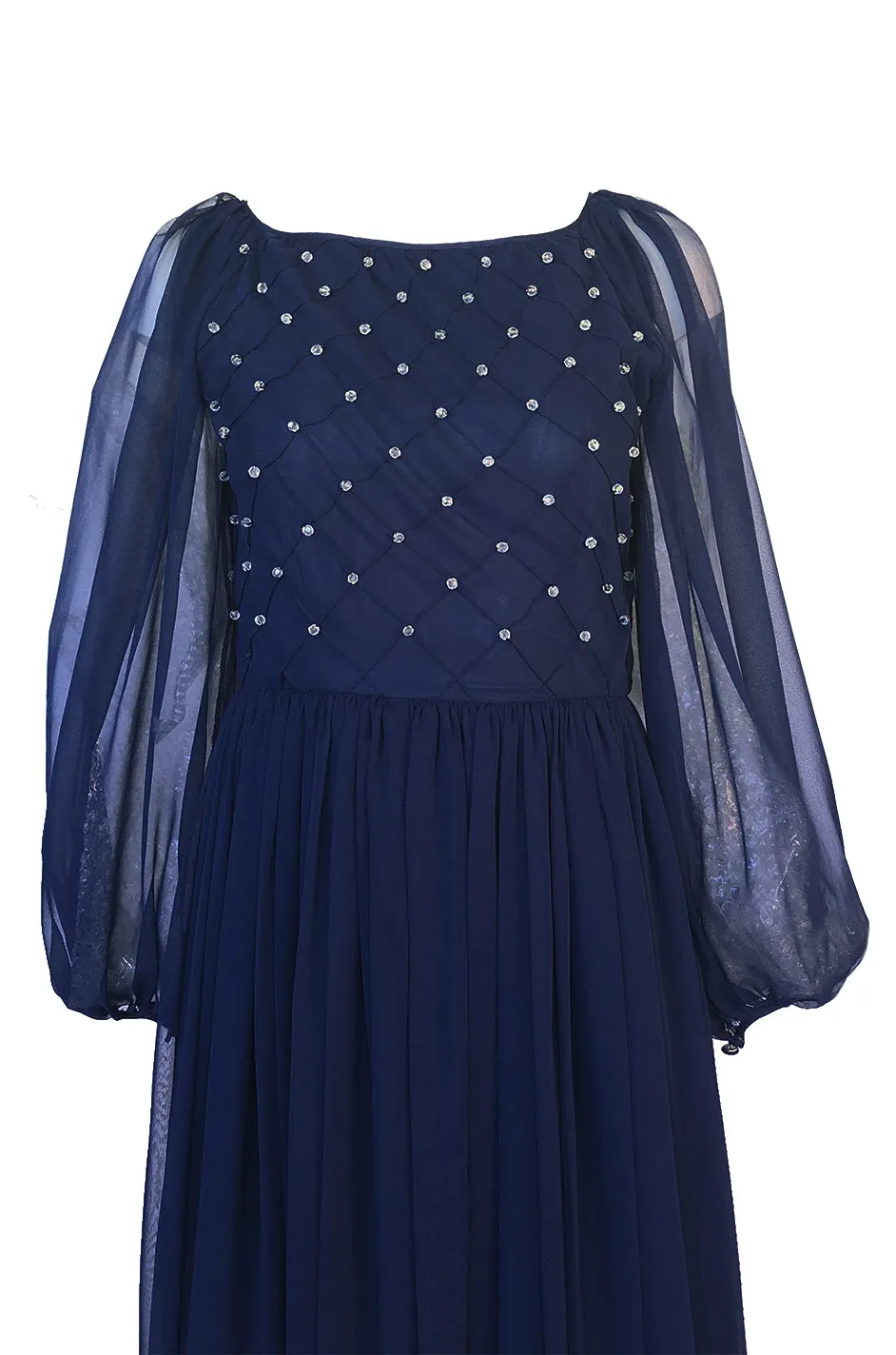 1970s Roberto Capucci Deep Blue Chiffon Dress w Beaded & Pintuck Bodice
