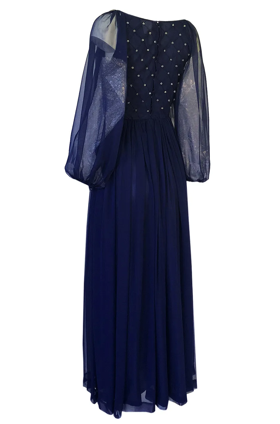 1970s Roberto Capucci Deep Blue Chiffon Dress w Beaded & Pintuck Bodice
