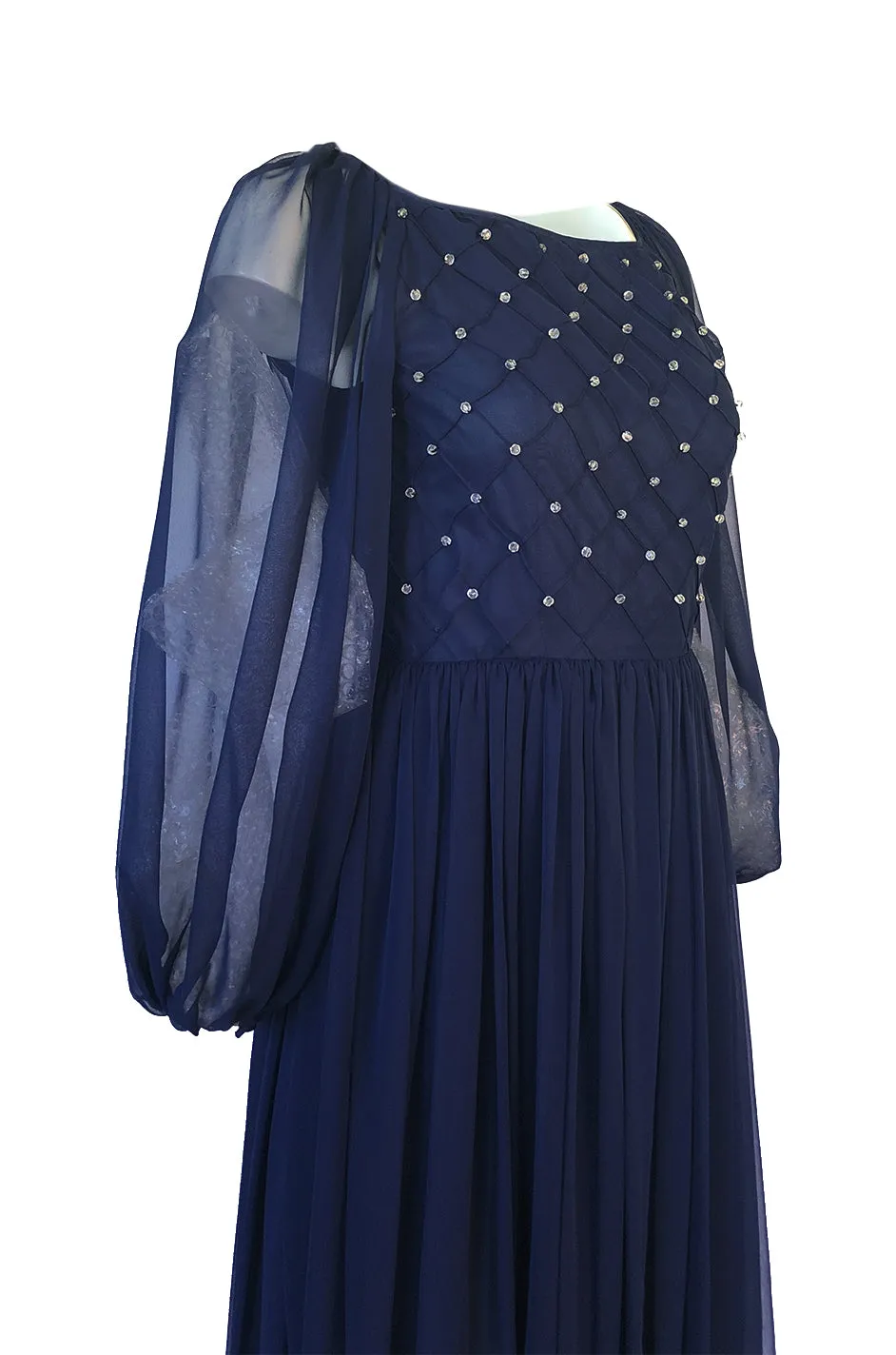1970s Roberto Capucci Deep Blue Chiffon Dress w Beaded & Pintuck Bodice