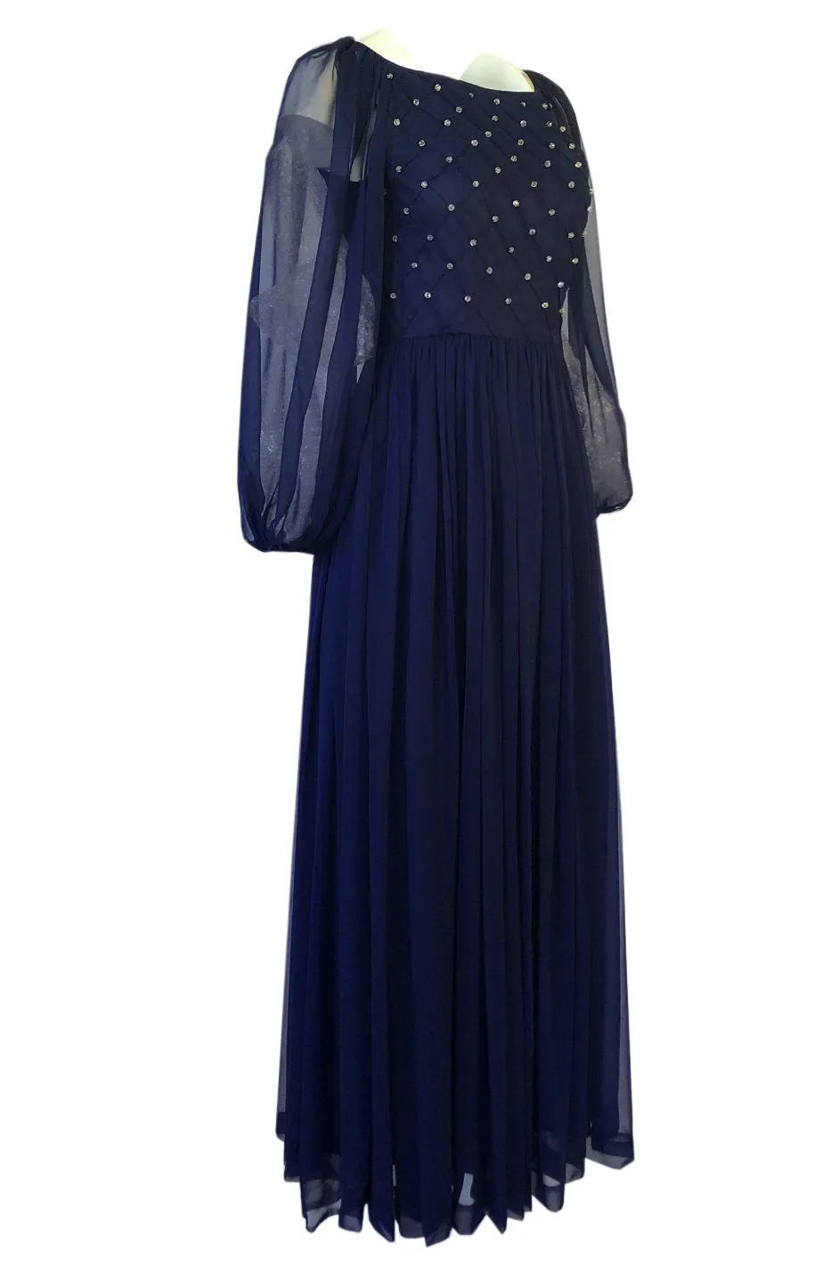 1970s Roberto Capucci Deep Blue Chiffon Dress w Beaded & Pintuck Bodice