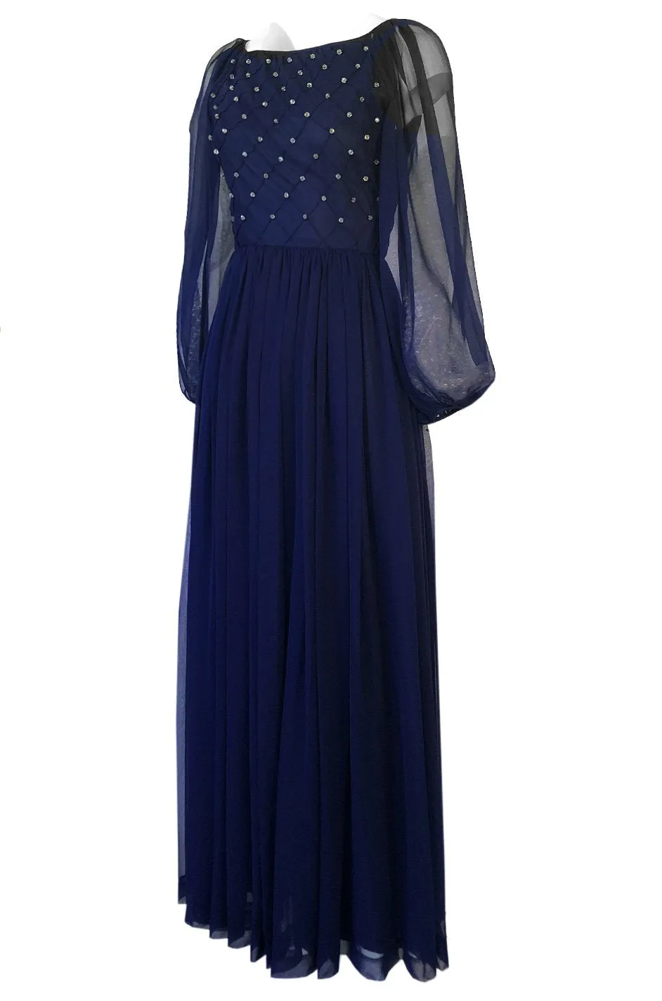 1970s Roberto Capucci Deep Blue Chiffon Dress w Beaded & Pintuck Bodice