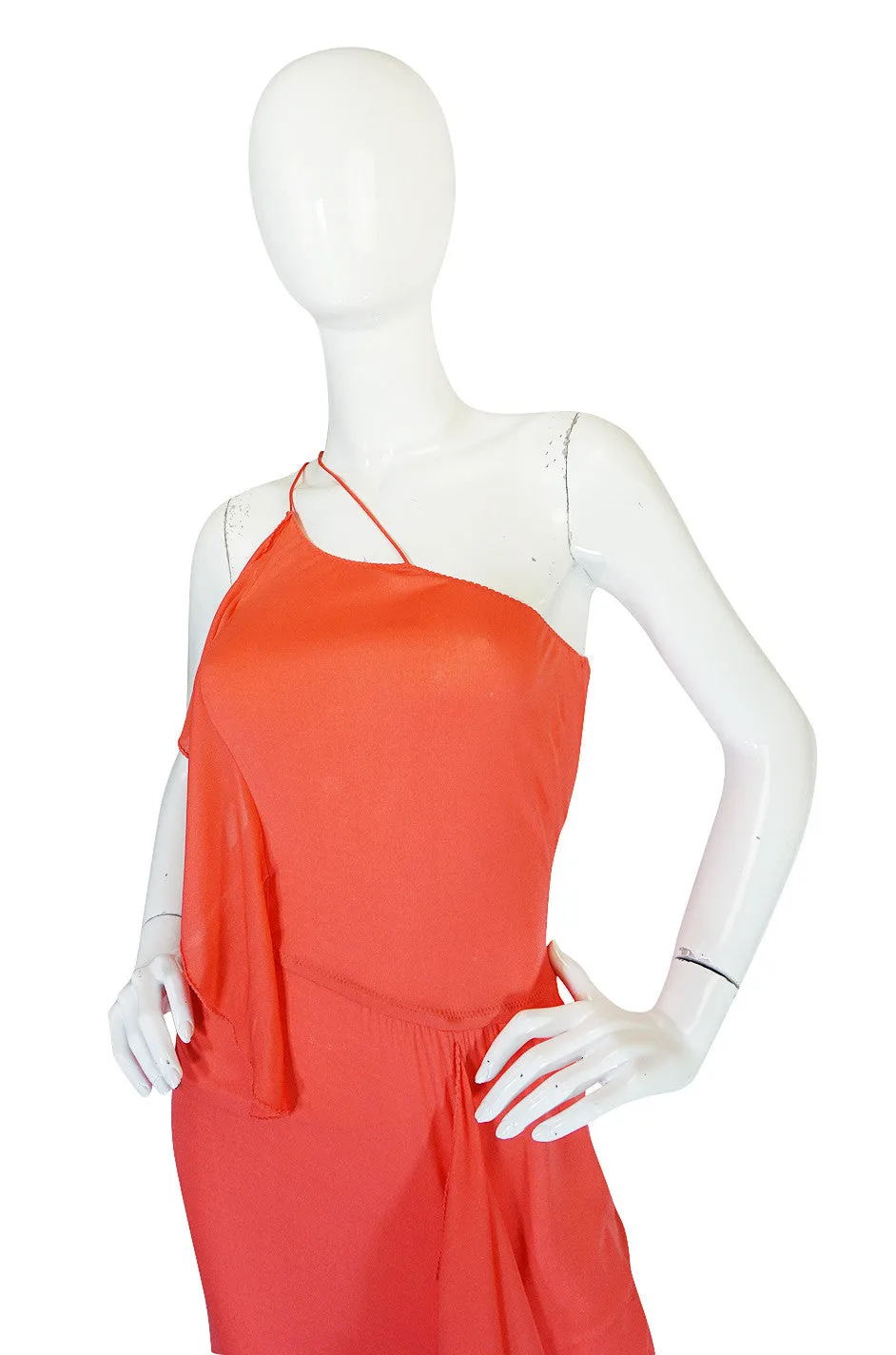 1970s Sexy Stephen Burrows Coral Jersey Maxi Dress