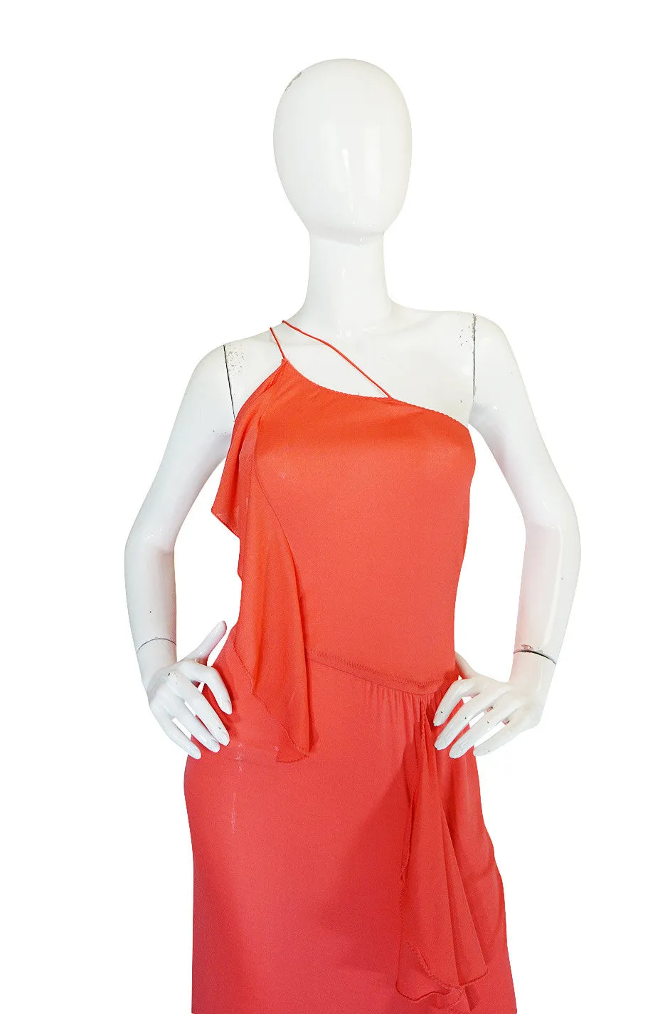 1970s Sexy Stephen Burrows Coral Jersey Maxi Dress