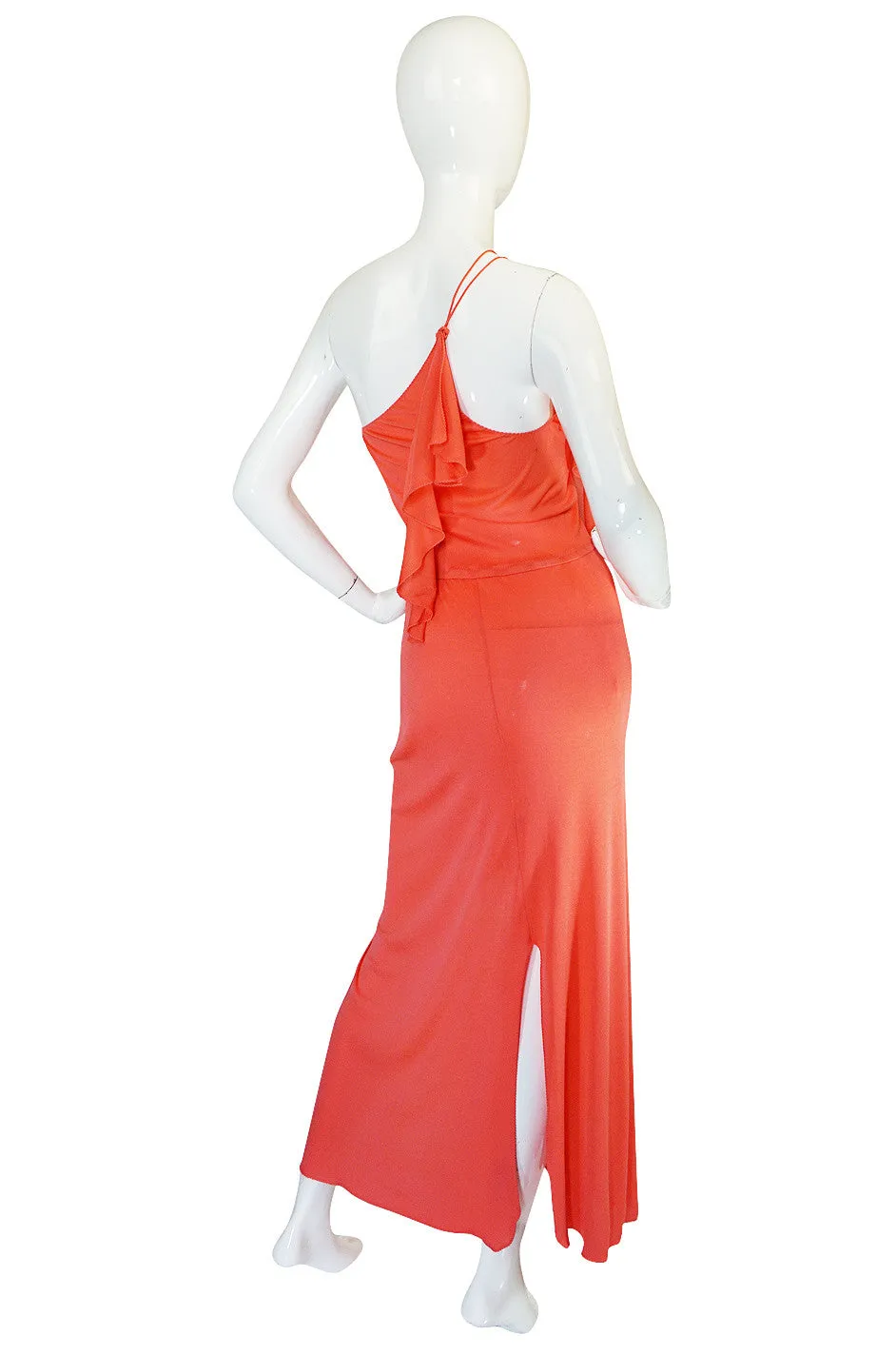 1970s Sexy Stephen Burrows Coral Jersey Maxi Dress