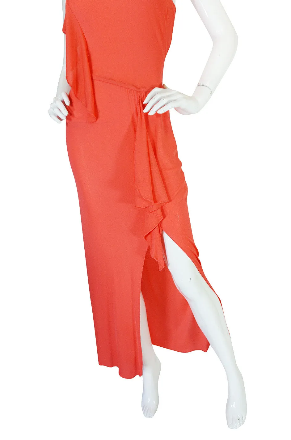 1970s Sexy Stephen Burrows Coral Jersey Maxi Dress