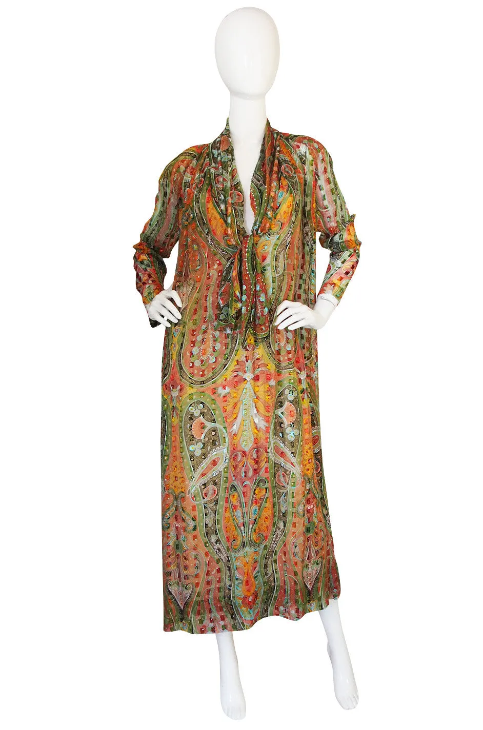 1970s Silk Chiffon Pauline Trigere Caftan Dress