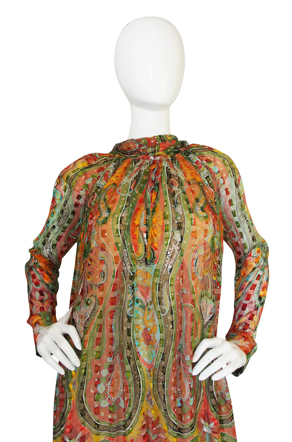 1970s Silk Chiffon Pauline Trigere Caftan Dress