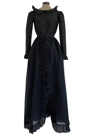 1972 Bill Blass Black Silk Taffeta Dress w Attached Silk Organza Skirt & Open Ruffled Back