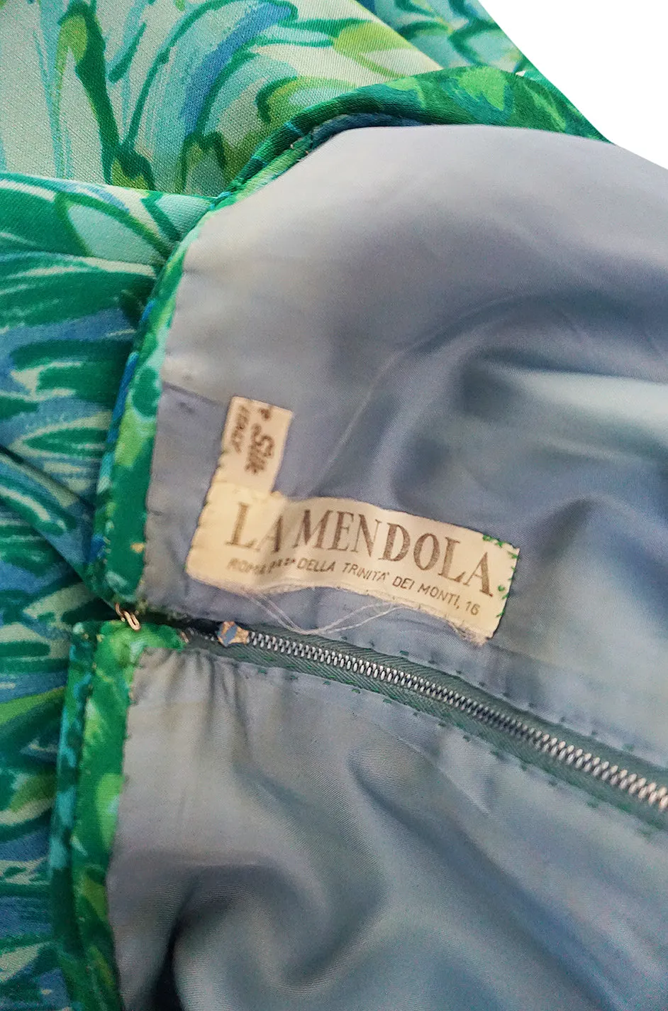 1972 La Mendola Silk Jersey 'Francolino' Print in Green Dress
