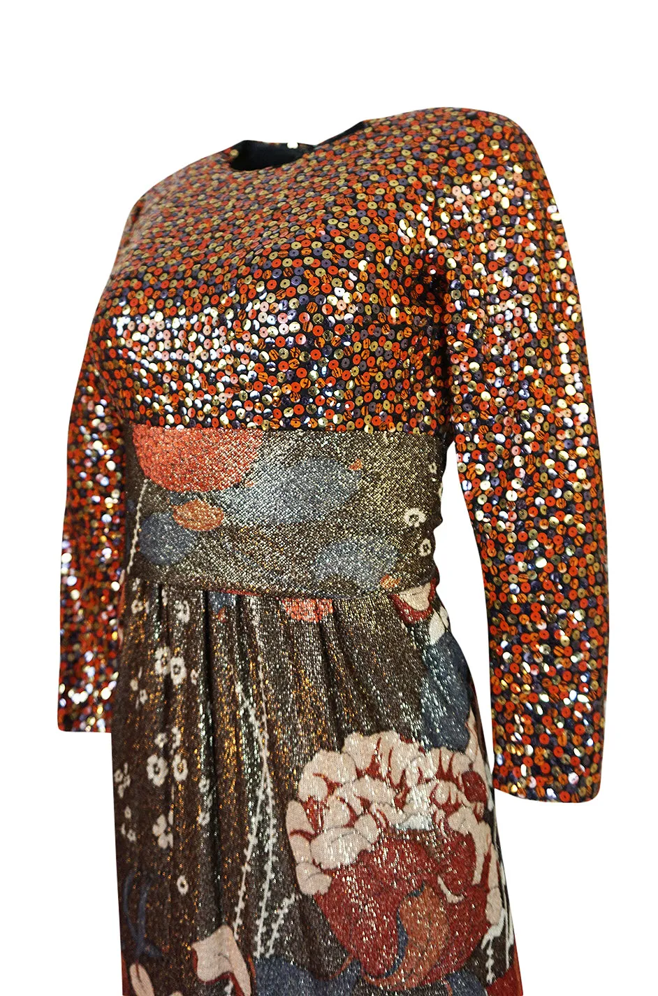1975 Bill Blass Floral Print Metallic Lurex & Sequin Dress Set