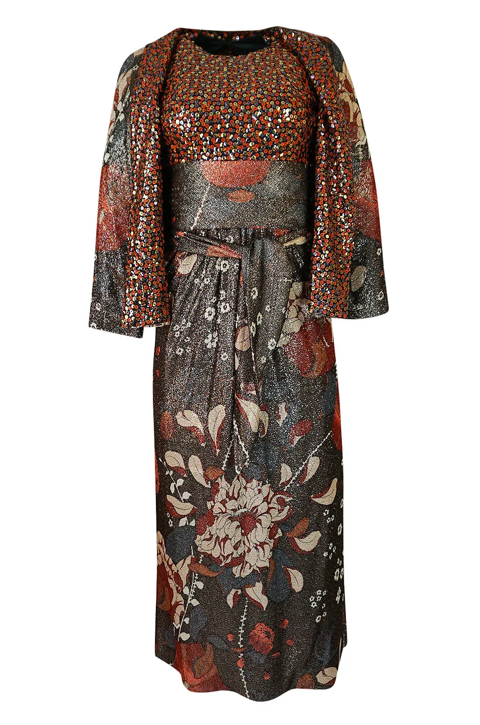 1975 Bill Blass Floral Print Metallic Lurex & Sequin Dress Set