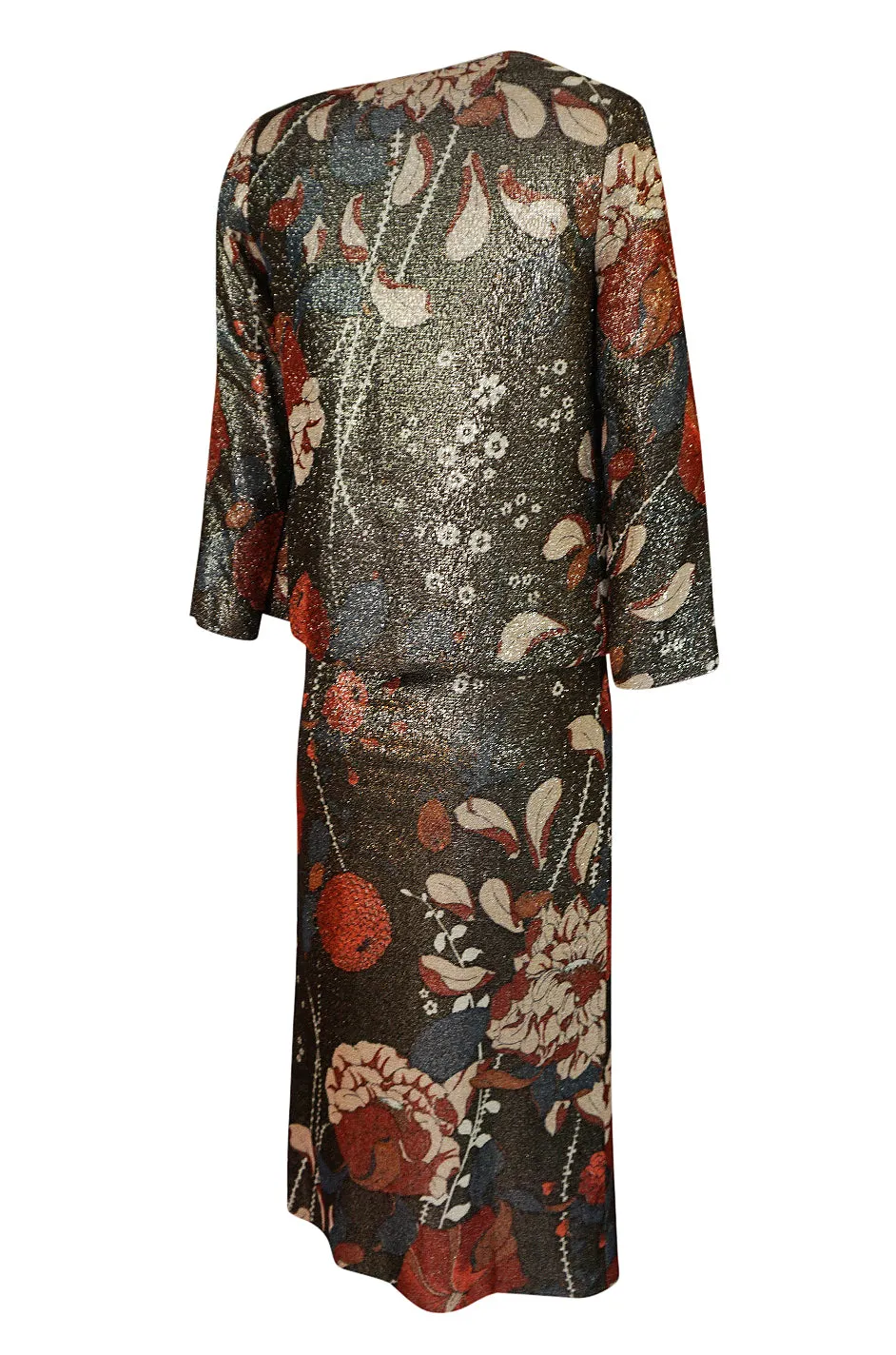 1975 Bill Blass Floral Print Metallic Lurex & Sequin Dress Set