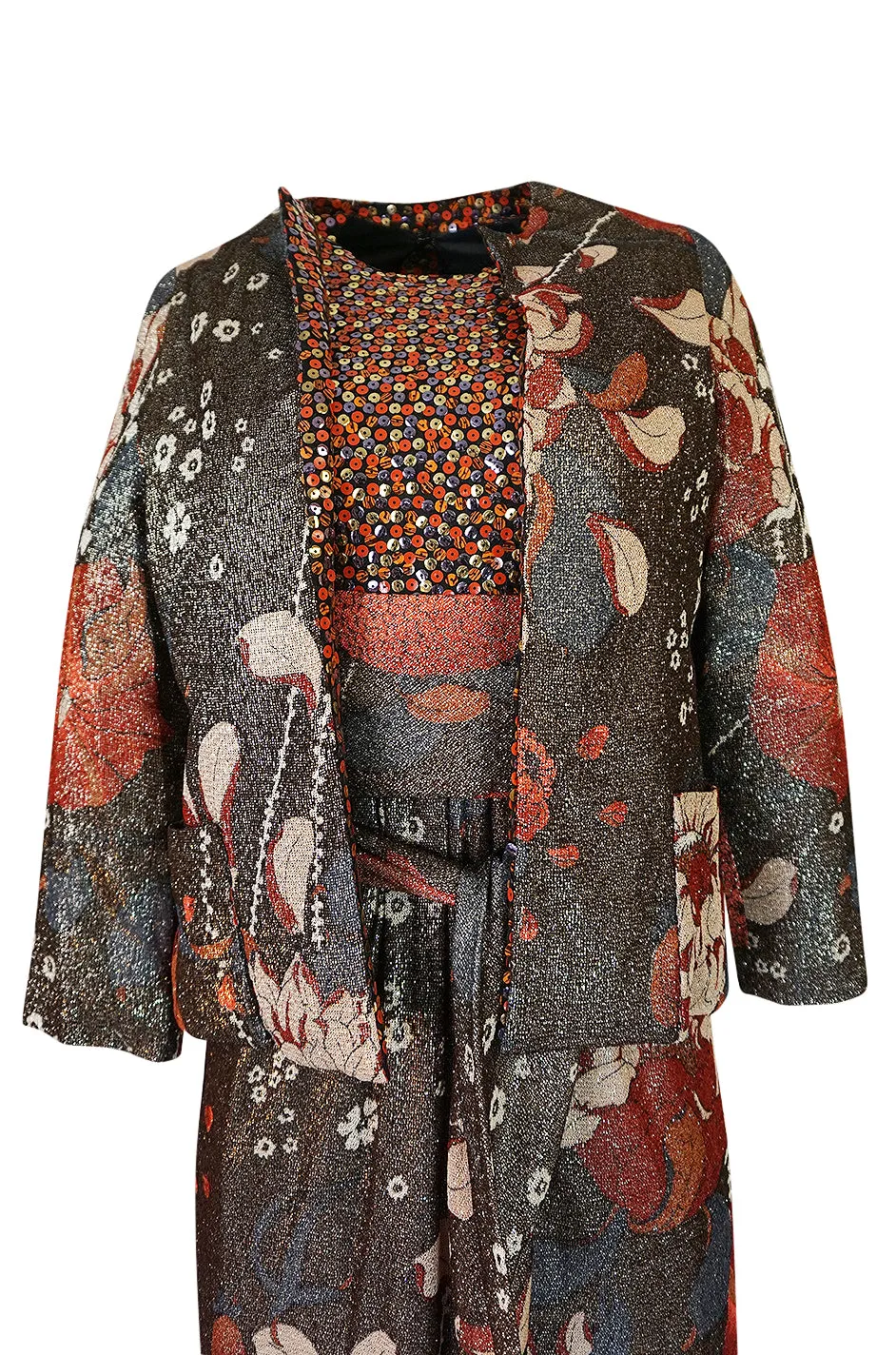 1975 Bill Blass Floral Print Metallic Lurex & Sequin Dress Set