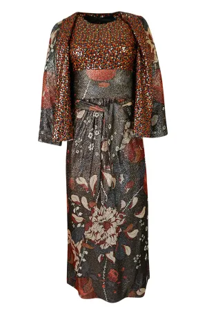 1975 Bill Blass Floral Print Metallic Lurex & Sequin Dress Set