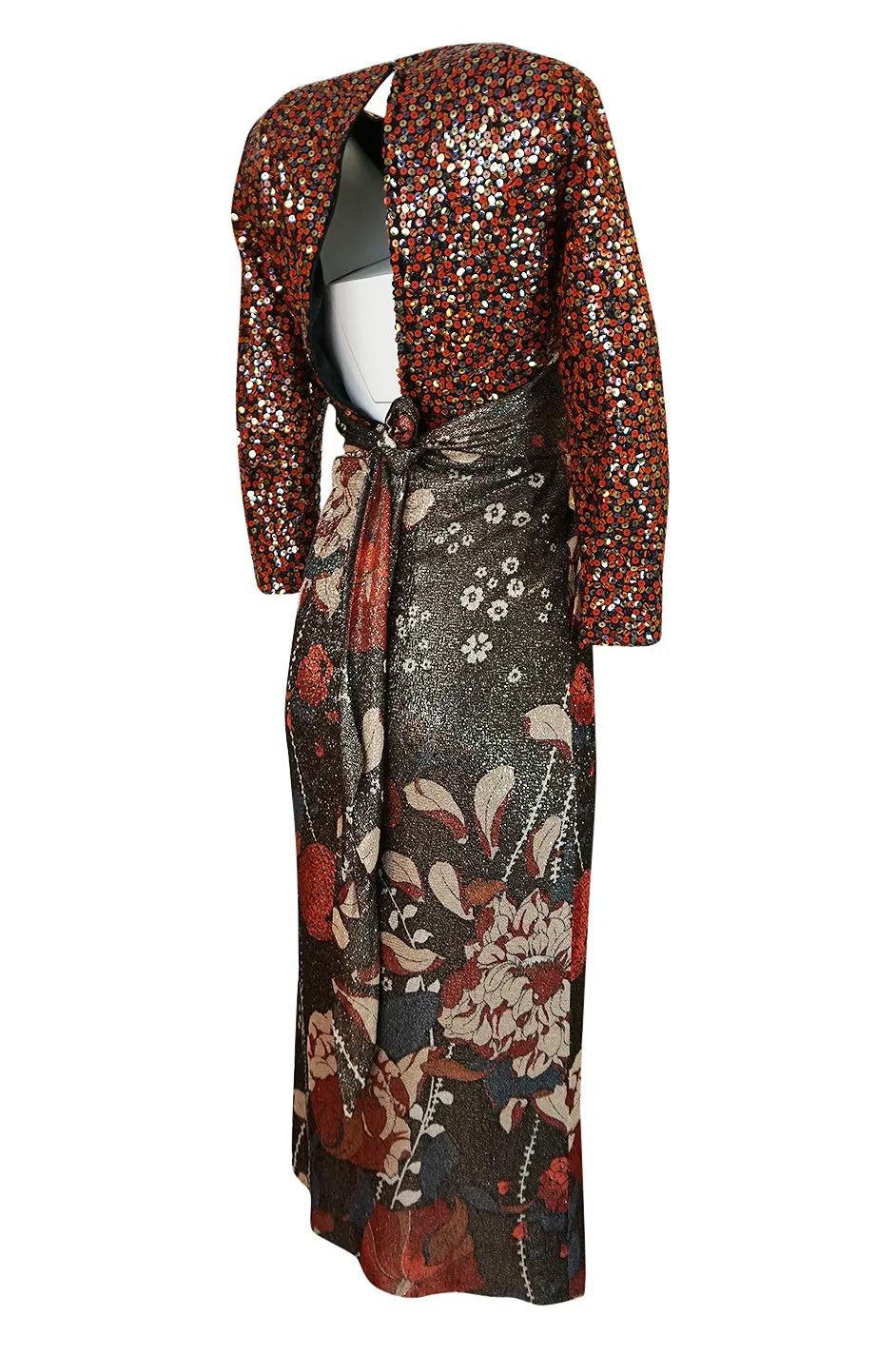 1975 Bill Blass Floral Print Metallic Lurex & Sequin Dress Set