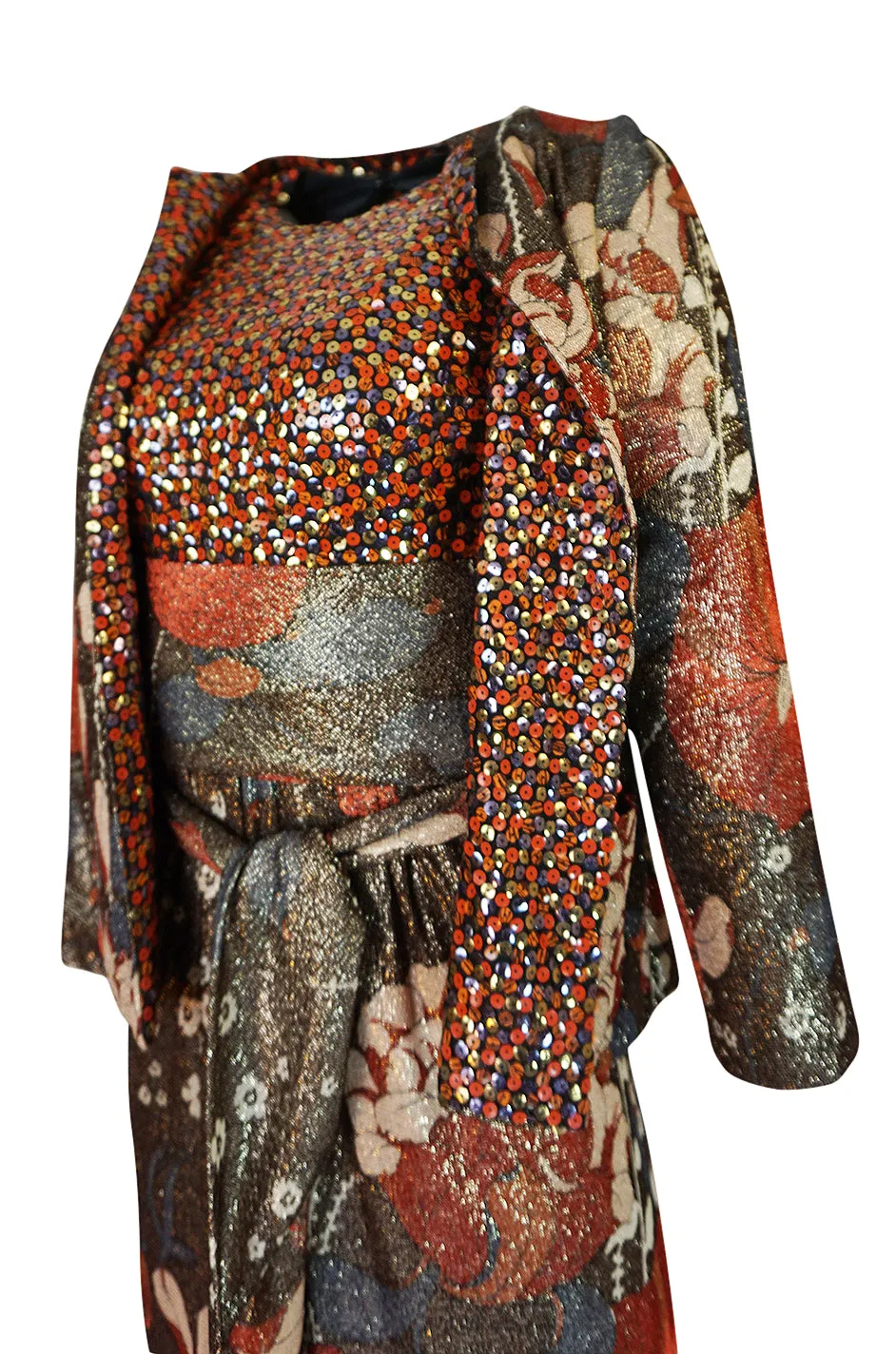 1975 Bill Blass Floral Print Metallic Lurex & Sequin Dress Set
