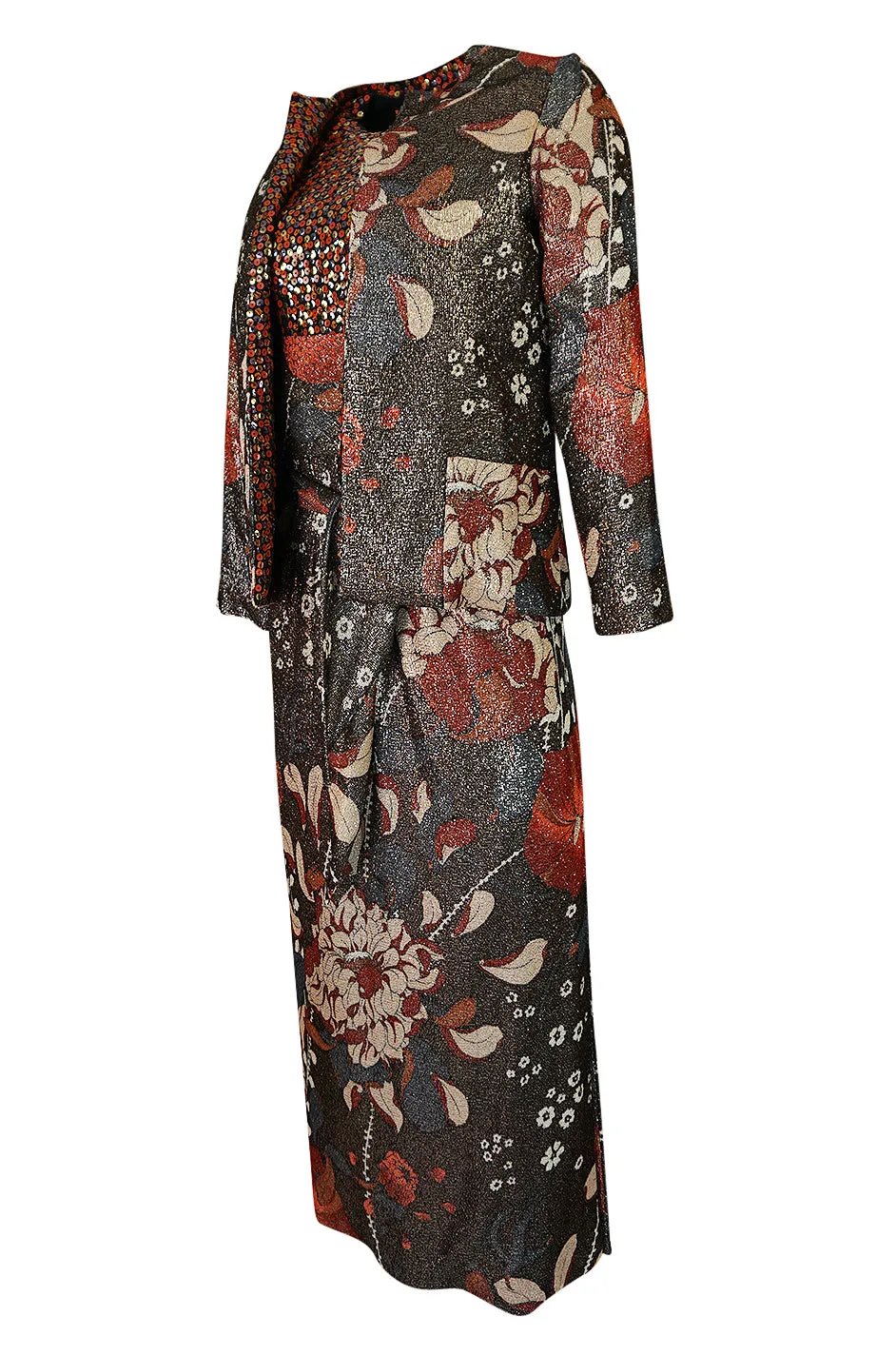 1975 Bill Blass Floral Print Metallic Lurex & Sequin Dress Set