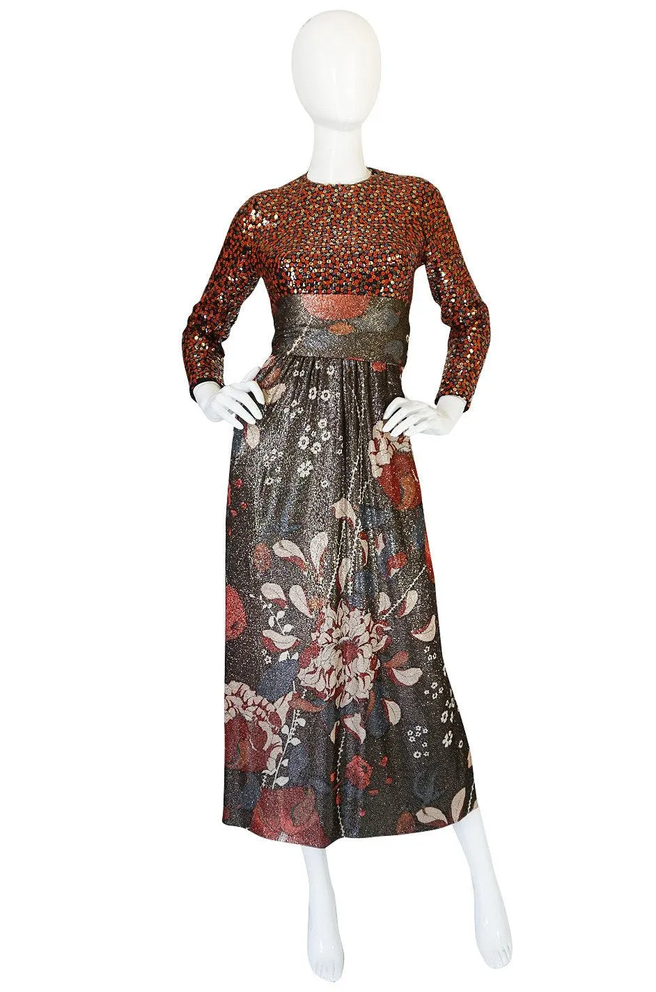 1975 Bill Blass Floral Print Metallic Lurex & Sequin Dress Set