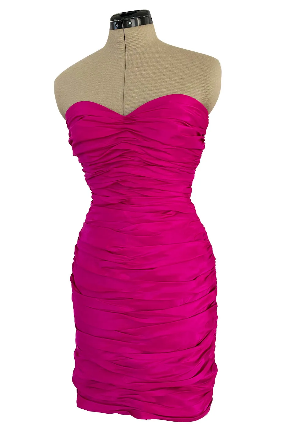 1980s Loris Azzaro Strapless Pink Silk Taffeta Mini Dress w Bustled Three Bow Back
