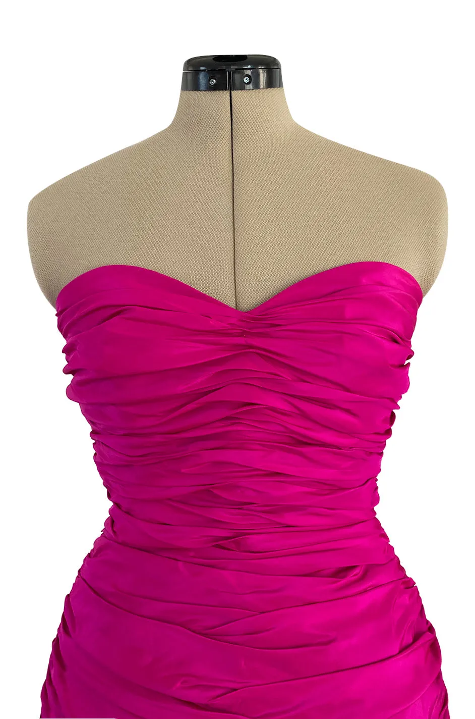 1980s Loris Azzaro Strapless Pink Silk Taffeta Mini Dress w Bustled Three Bow Back
