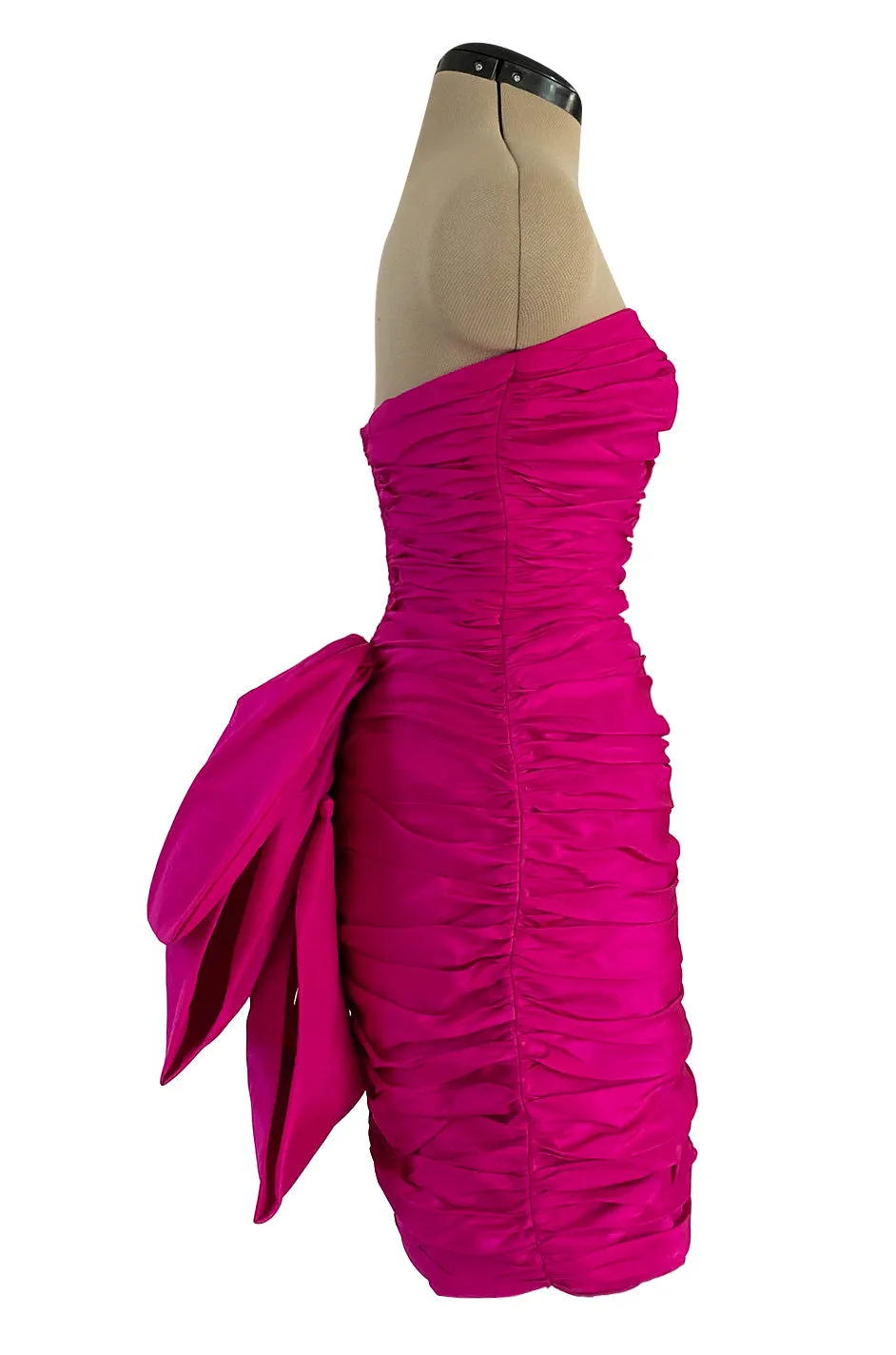 1980s Loris Azzaro Strapless Pink Silk Taffeta Mini Dress w Bustled Three Bow Back