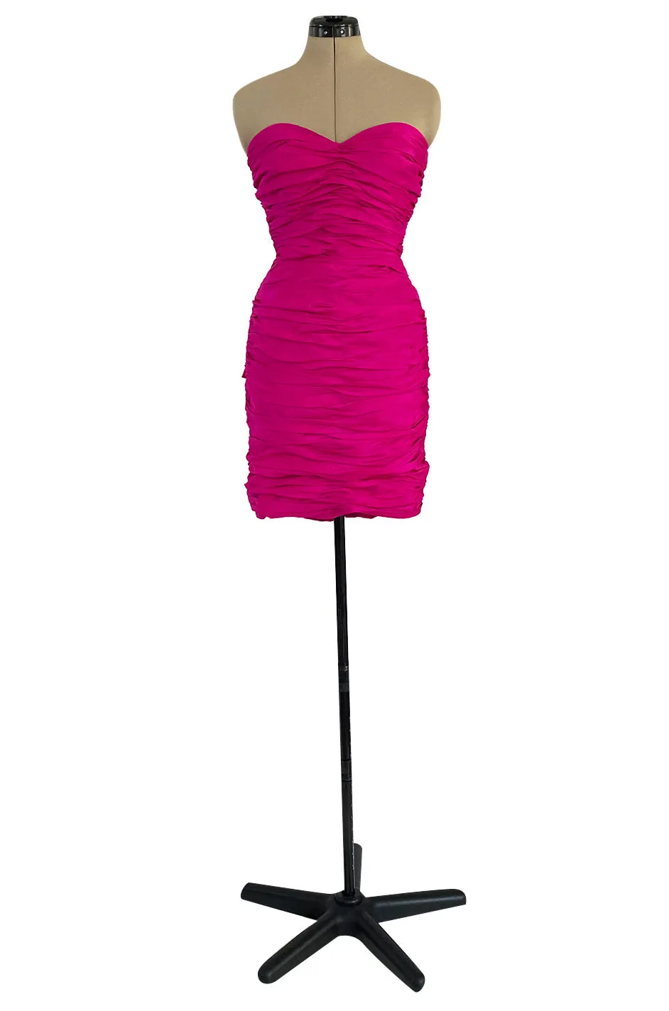 1980s Loris Azzaro Strapless Pink Silk Taffeta Mini Dress w Bustled Three Bow Back