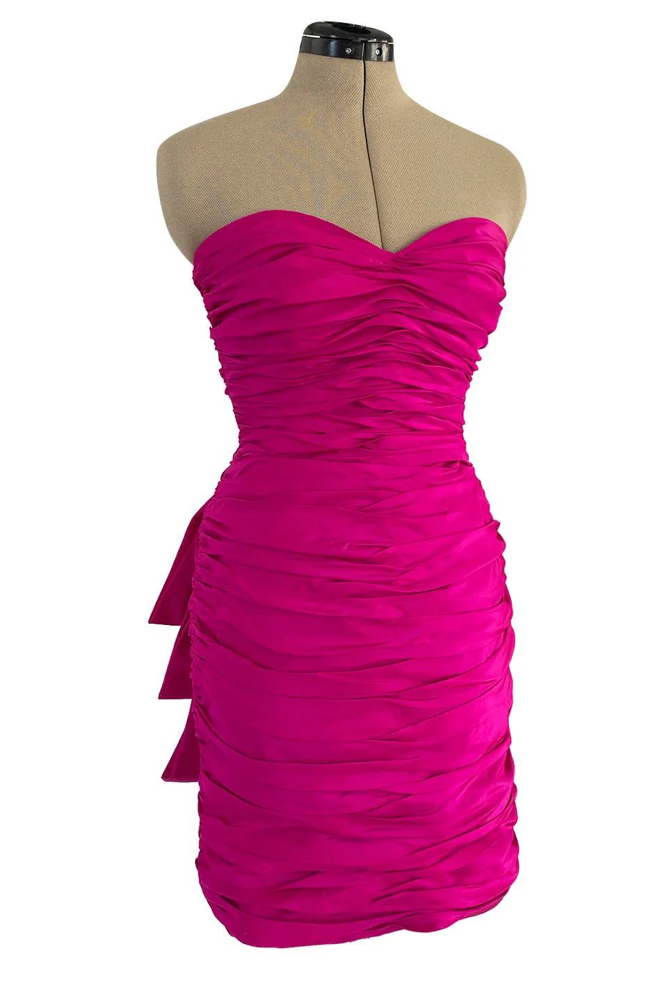 1980s Loris Azzaro Strapless Pink Silk Taffeta Mini Dress w Bustled Three Bow Back