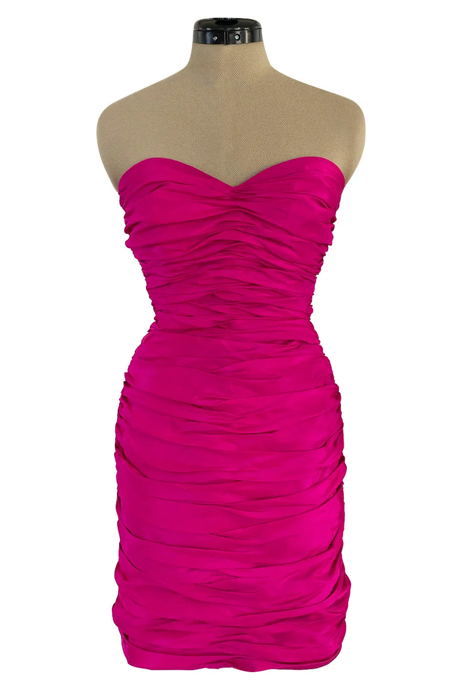 1980s Loris Azzaro Strapless Pink Silk Taffeta Mini Dress w Bustled Three Bow Back